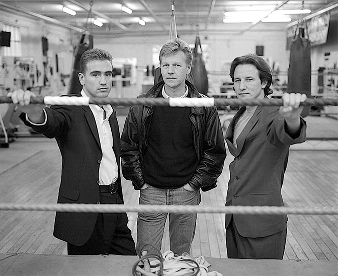 Mark Tibbs, Ron Peck & Jimmy Flint at the Peacock Gym in Canning Town where much of <strong>Real Money</strong> was filmed; photographer Hugo Glendinning.